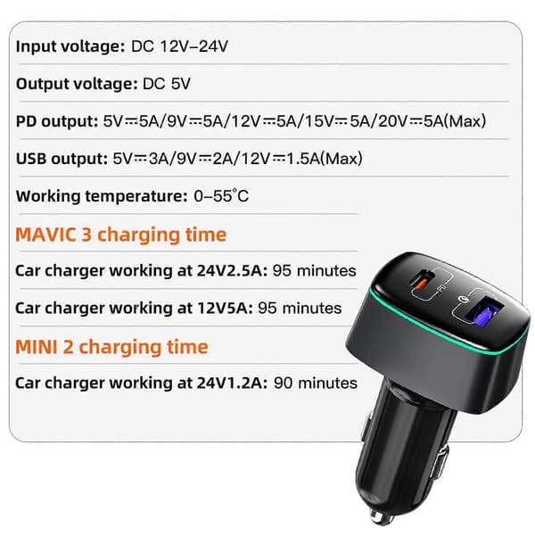 Biloplader 100W Høj Effekt Oplader Egnet til DJI Mavic 3/Mavic Mini 2