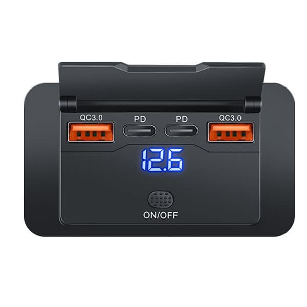 Bil USB-lader med spenningsbryter 4-porter dobbel QC dobbel PD