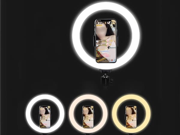 LED-ringlys + stativ - Mobilholder med 3 farvetoner