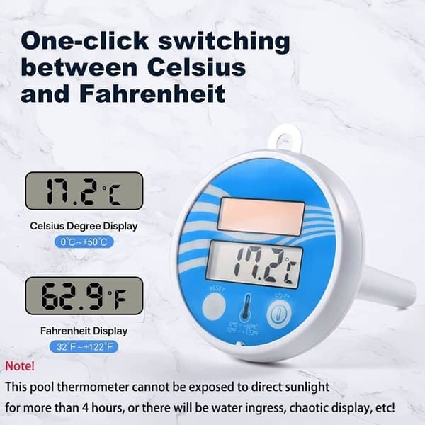 Digital solar-powered floating pool thermometer with strap for outdoor and indoor pools, spas, jacuzzis, etc.