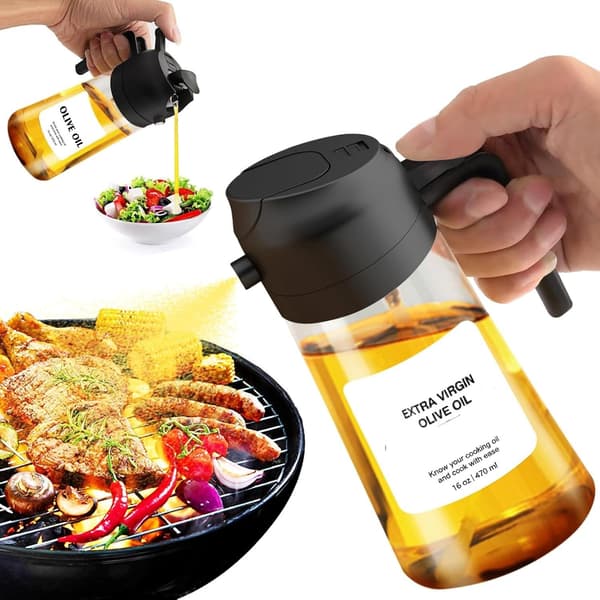 Thickened Glass Oil Spray Bottle - 2-in-1 Spray & Pour, Light-Resistant, Compatible with Various Oils Black