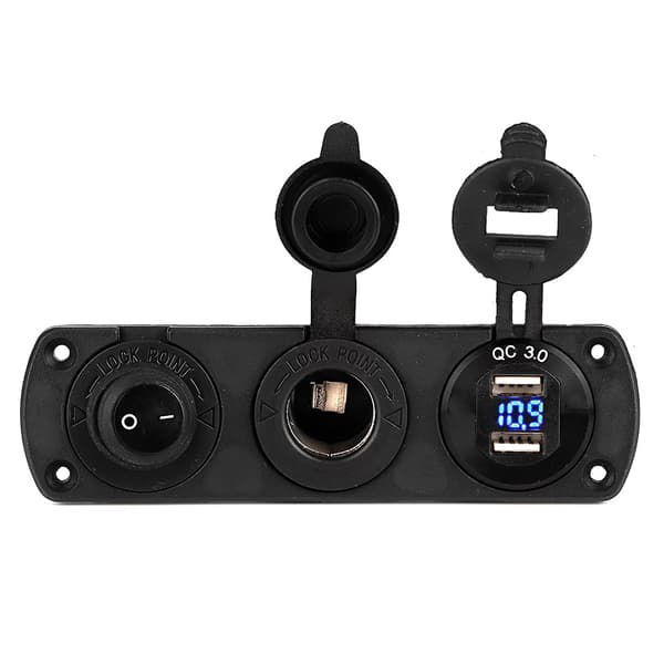 Dobbel USB billader for 12V-uttak med bryter og blå LED