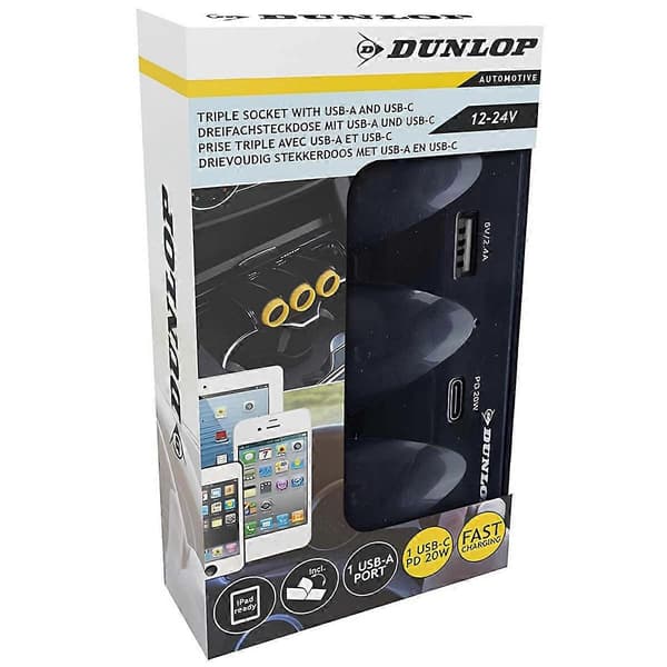 Biloplader USB og USB-C 20W PD med 3 cigarettænderstik, Sort