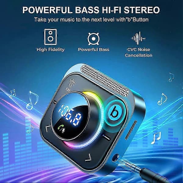 Bluetooth 5.3 FM/AUX Bluetooth Biladapter 3 Porte PD&QC3.0 FM Modulator Bluetooth Bilsender Biloplader Bluetooth Adapter