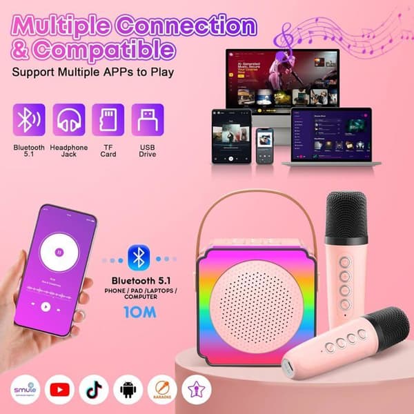 Karaokemaskin - 2 trådløse mikrofoner - Rosa/Lilla - Bluetooth 5.1 - Oppladbart batteri