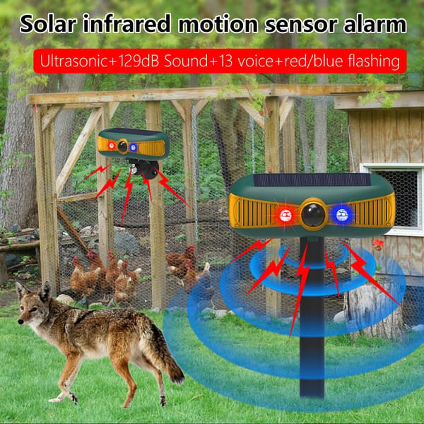 Solar Powered Alarm with Voice and Ultrasonic Animal Repeller - Motion Sensor Sound and Light Warning