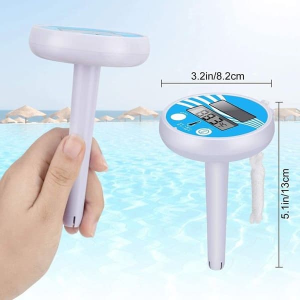 Digital solar-powered floating pool thermometer with strap for outdoor and indoor pools, spas, jacuzzis, etc.