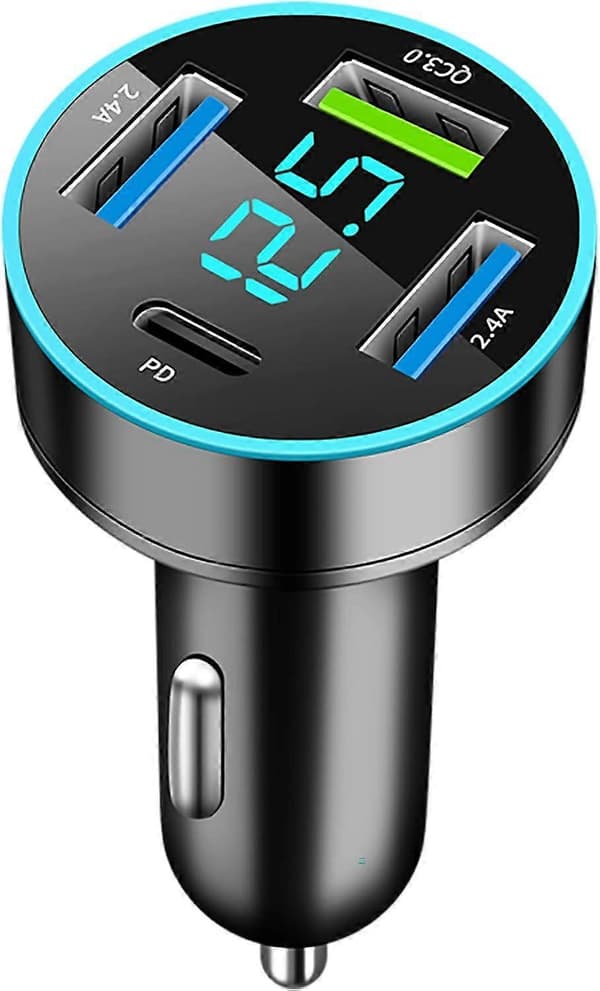 2025 Nyeste Biladapter, 4 Porter USB Billader med Spenningsdisplay PD 3.0 og