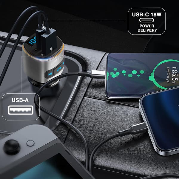 Bluetooth FM-sender med USB- og USB-C PD 18W biloplader 4smarts Sort