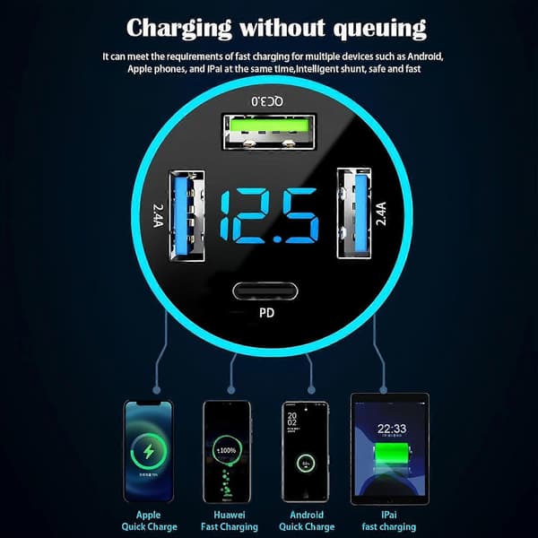 2025 Nyeste Biladapter, 4 Porter USB Billader med Spenningsdisplay PD 3.0 og
