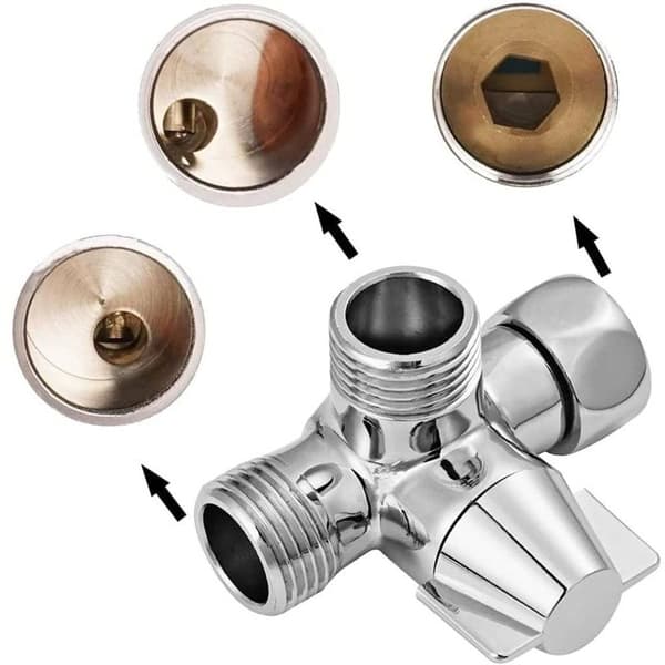 3-veis solid messingventil. 3-veis omkoblingsventil. 3-veis dusjfordelingsventil. G1/2\" T-adapterventil. For dusjhode og dusjarmfordeler