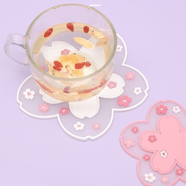 Sett med 2 Kawaii kaffekoppunderlegg, søte kirsebærblomst tekoppunderlegg, rosa