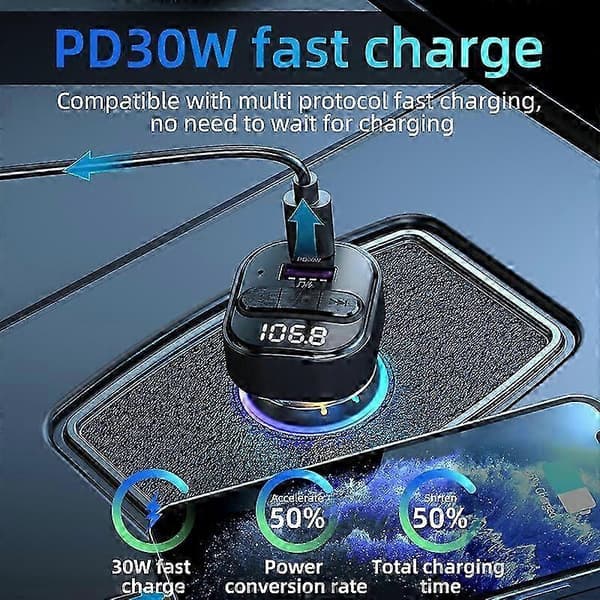 Färgglad Ljus Bil Bluetooth Adapter FM-sändare MP3-spelare Typ-C+USB Billaddare