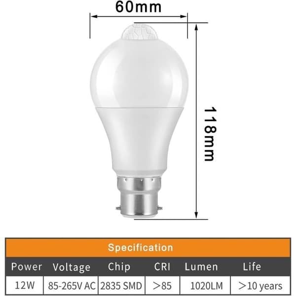 (Kallvit) B22 LED-lampa - 2-pack - Rörelsesensor - 12W - 1020 lm - Kallvit 6000K