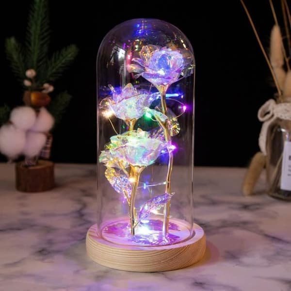 Evig rose under en lysende glasskuppel, glitrende galakserose 3D, til morsdag, LED evig blomst, rose