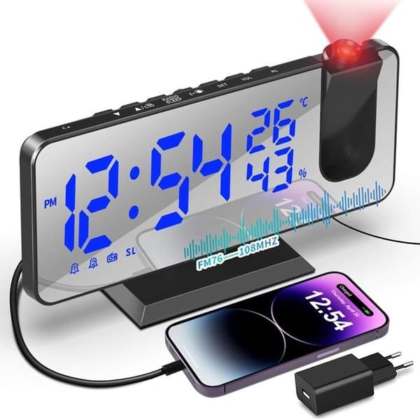 Projektionsklocka, multifunktionell LCD digital väggprojektion rösttalande temperaturdisplay LED-väckarklocka