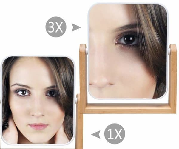 Makeup Mirror with Natural Bamboo Stand, 360 Degree Rotating Magnifying Mirror, White Rectangle (1x, 3x)