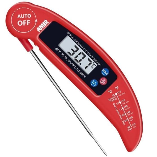 Kitchen Thermometer, Food Thermometer with Digital LCD Probe, Fast and Automatic On/Off - Red