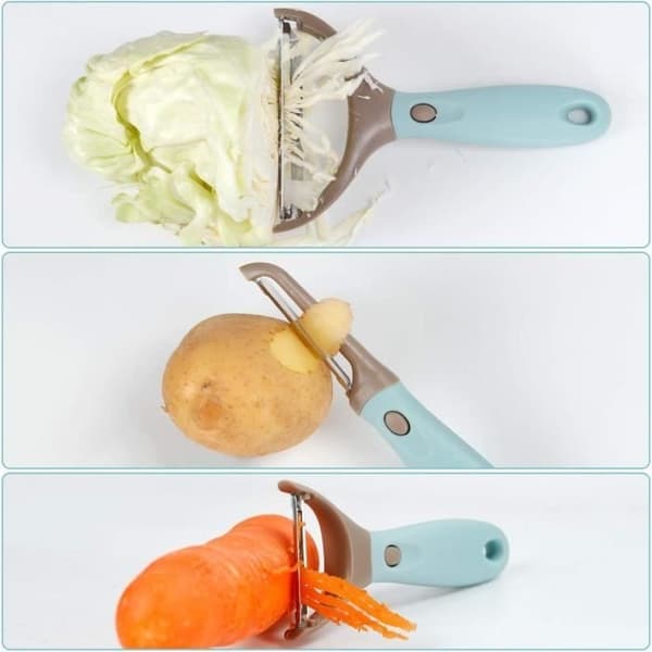 (Rustfrit stål, polypropylen) Grøntsagsskræller til køkken, 3-delt sæt i højkvalitets rustfrit stål. Trio af grøntsags- og frugtskrællere.