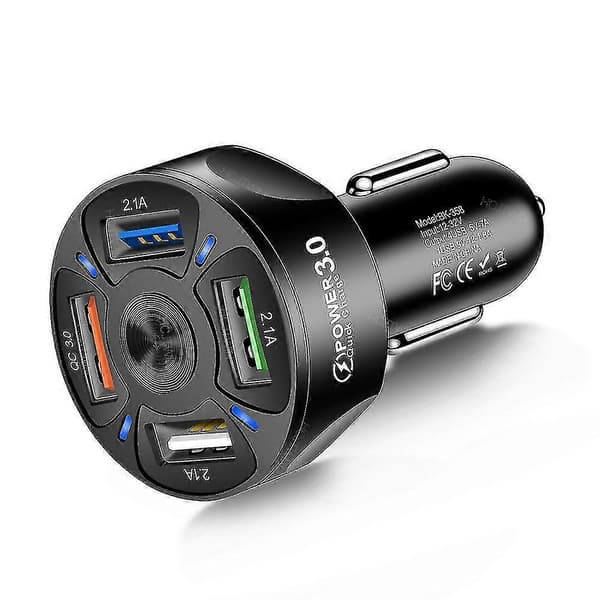 Bilopladeradapter, 4 porte USB hurtig biloplader Qc3.0, hurtig biltelefonoplader med LED-lysdisplay (sort)
