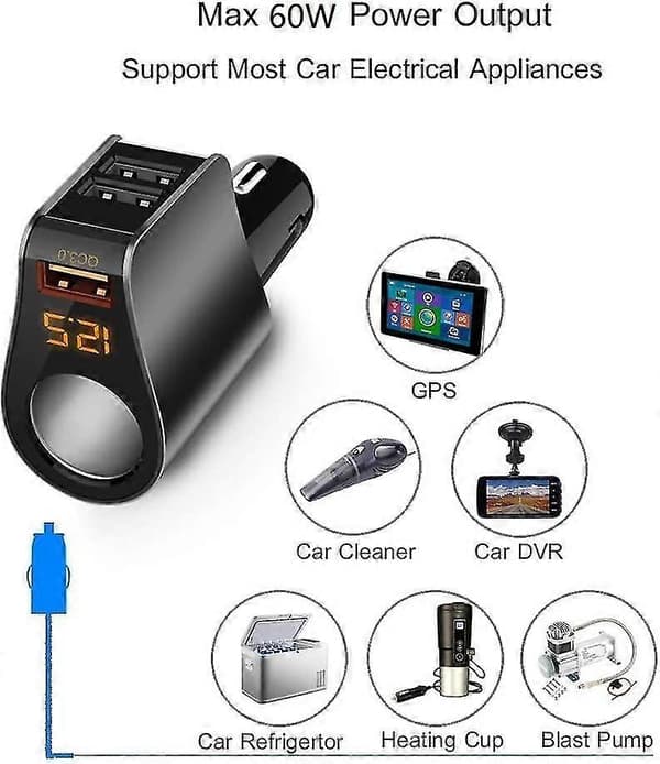 Bilopladerforlænger Cigarettænderadapter, stiksplitter med 3 USB og voltmeter, kompatibel