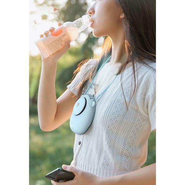 Bærbar bladløs hængende halsventilator, USB genopladelig, mini håndfri køleventilator, blå