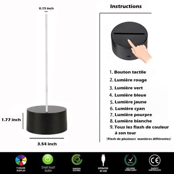 (Red, Green, Blue, Yellow, Celadon, Purple, White) Table Lamp - LED - 3D - 7 Colors - Touch Screen - USB Rechargeable