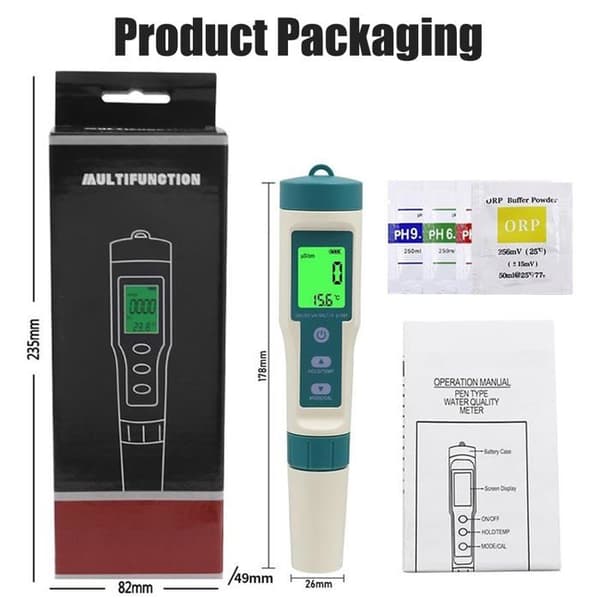 Elektronisk pH-meter - 8 i 1 - pH/TDS/EC/ORP - Temperatur & Salinitet
