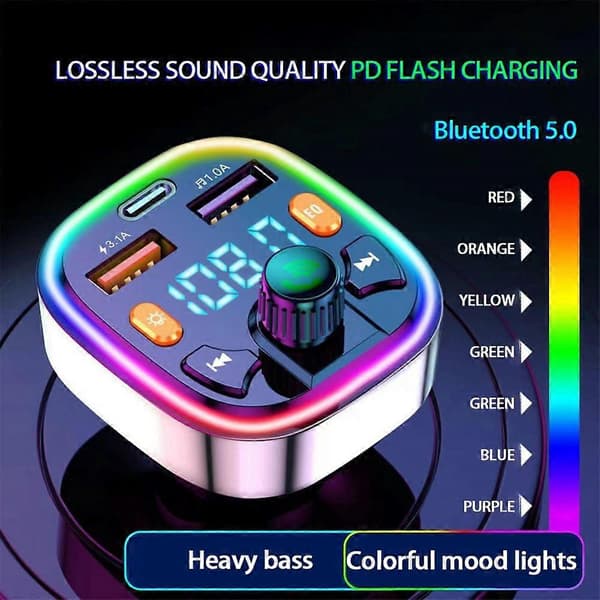 Q7 3.1A USB+PD Bluetooth Billader FM-sender med Fargerik Belysning