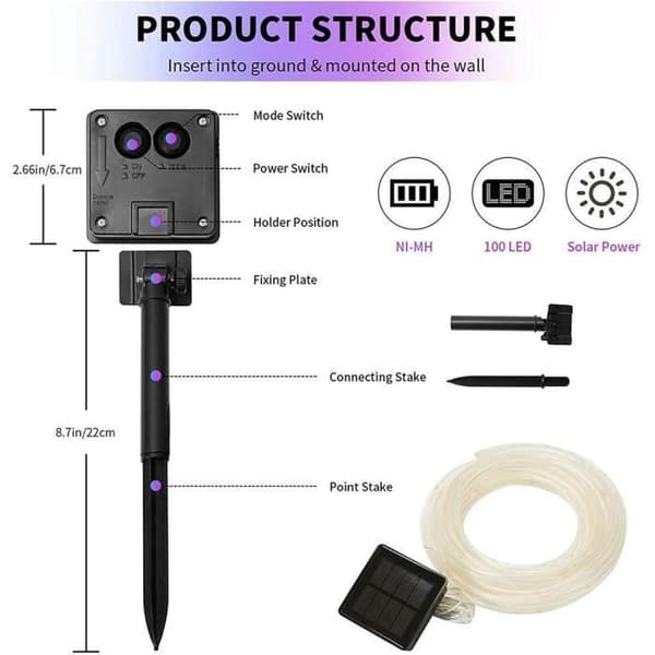 Solcellelyslenker - Solcelle rørlys - 100 LED, 12m - Flerfarget, 8 moduser - 600mAh batteri
