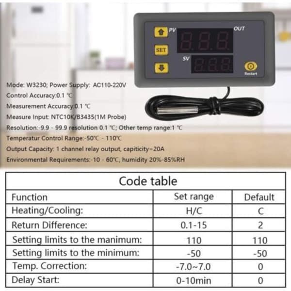 Stykke W3230 AC 110V-220V Digital Temperaturkontroller. 20A Digital Display Termostatkontrollbryter med 10K NTC Sensorprobe