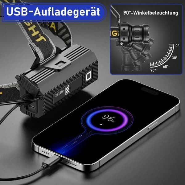 Hodelykt - 100 000 Lumen - 6-Modus Variabel Zoom - IPX7 Vanntett - 5600mAh Batteri