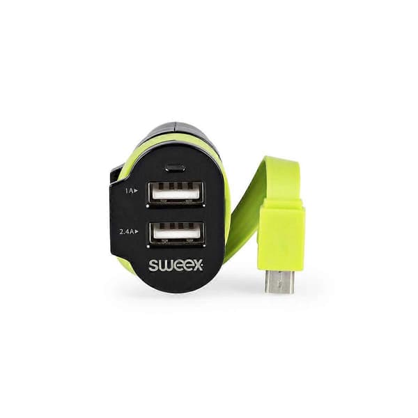 Billader 3 uttak USB 6A med flat kabel 26cm, svart
