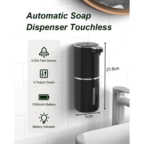 Sæbedispenser. USB C Genopladelig Vægmonteret Sæbedispenser 380ml. 4 Justerbare Niveauer. Sort Flydende Sæbedispenser