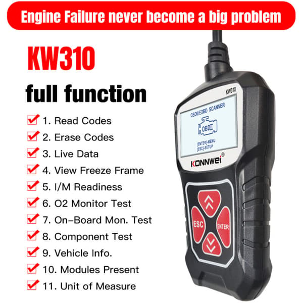 KONNWEI KW310 V310 V309 MS309 Bil Fejllæser Scanner Sort