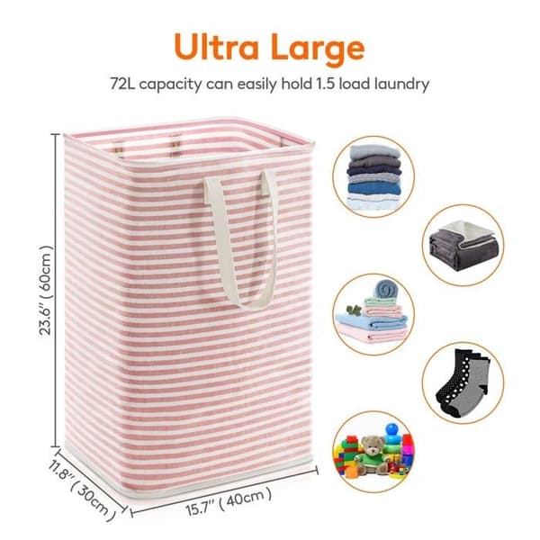 72L Foldable Laundry Basket, Dirty Clothes Hamper with Extended Handles for Clothes and Toy Storage, Pink