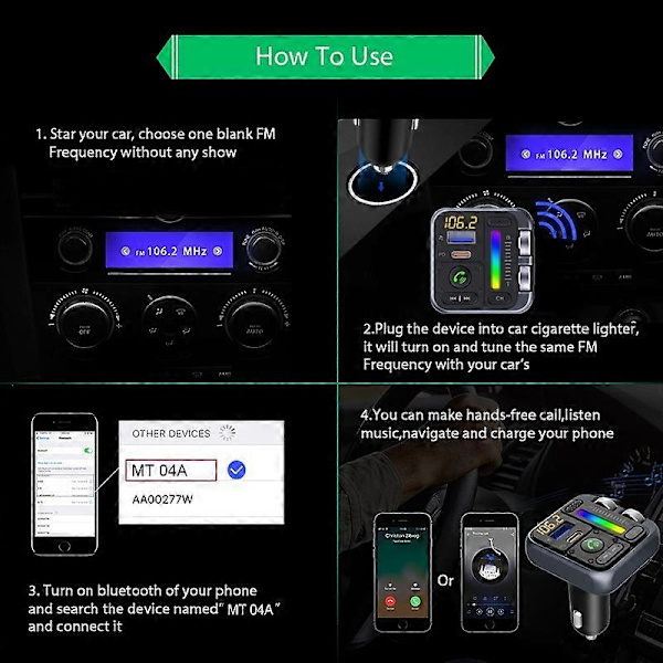 MT04 Bil Bluetooth Adapter FM Transmitter HiFi Musik MP3 Afspiller Type-C+USB Biloplader