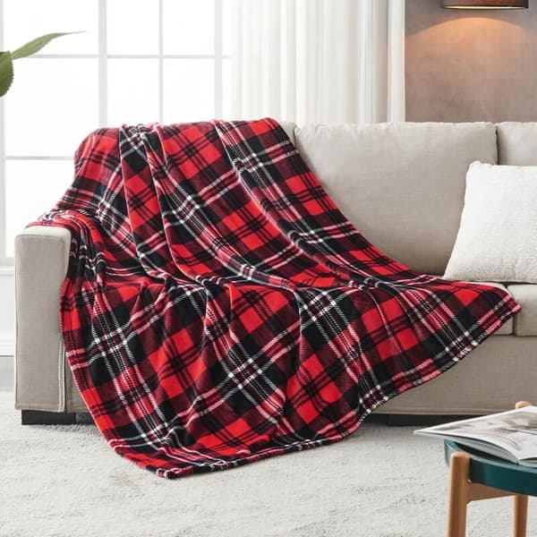 Fleece plaidtæppe til seng eller sofa. Helårs ternet flanelplaid 127 x 150 cm. Rød/Grå