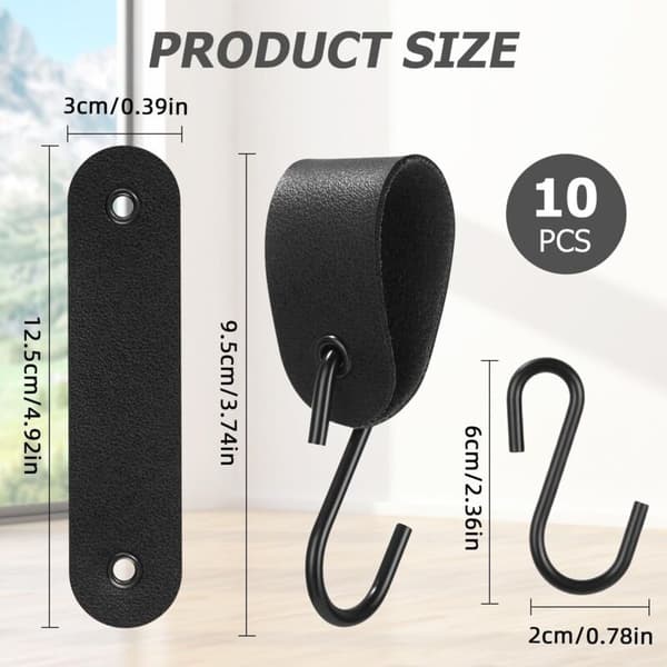 Sæt med 10 kroge med læderstropper - Til tøjstativer - Rustfrit stål - Sort - 12,5 x 3 cm - Til garderobe og camping - Sort