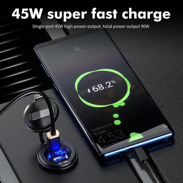63w Qc3.0 Usb + Type C Usb C Pd Biloplader Hurtigoplader Med Led Voltmeter