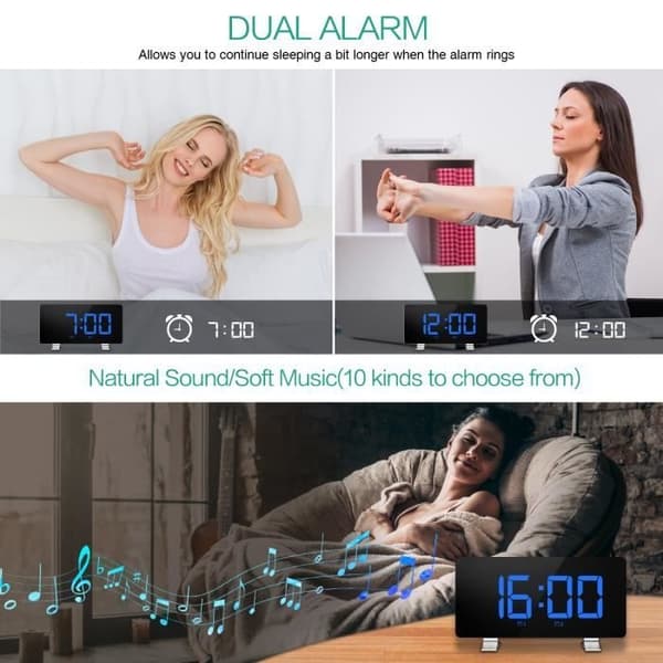 Digital vekkerklokke, 12/24 timer, slumrefunksjon, dobbel vekkerklokke, minnefunksjon, automatisk lysstyrkejustering, USB-lading