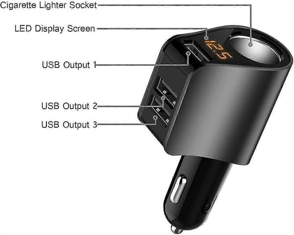 Biloplader, 3 USB cigarettænderadapter, stiksplitter og voltmeter, kompatibel med iPhone