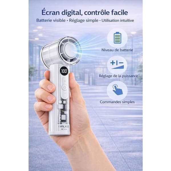 Genopladelig bærbar ventilator med kølefunktion, digitalt display, 3 hastigheder, gennemsigtig - Hvid