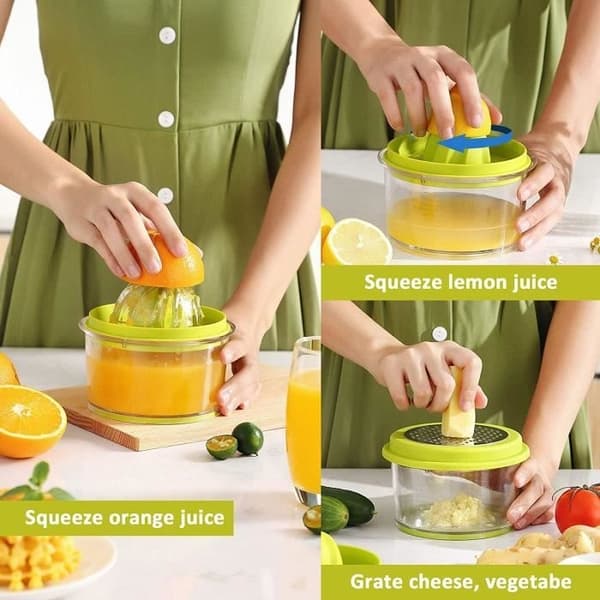 Citruspress, manuel citronpress med integreret rivejern, multifunktionel citruspress til frugt, gulerødder,