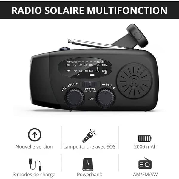 Solradio - Overlevelsessæt - 2000 mAh - AM/FM/WB (NOAA) - SOS LED lommelygte