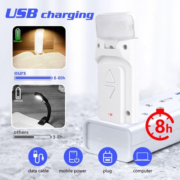 USB-lukulamppu. 3 väriä ja 5 kirkkaustasoa. Ladattava LED-lukulamppu