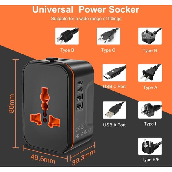Universal rejseadapter. Universal rejseadapter med 2 USB- og 2 USB-C-porte