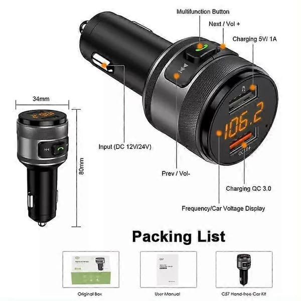FM-sender Bluetooth 5.0 Radio USB MP3 Biloplader Cigarettænder