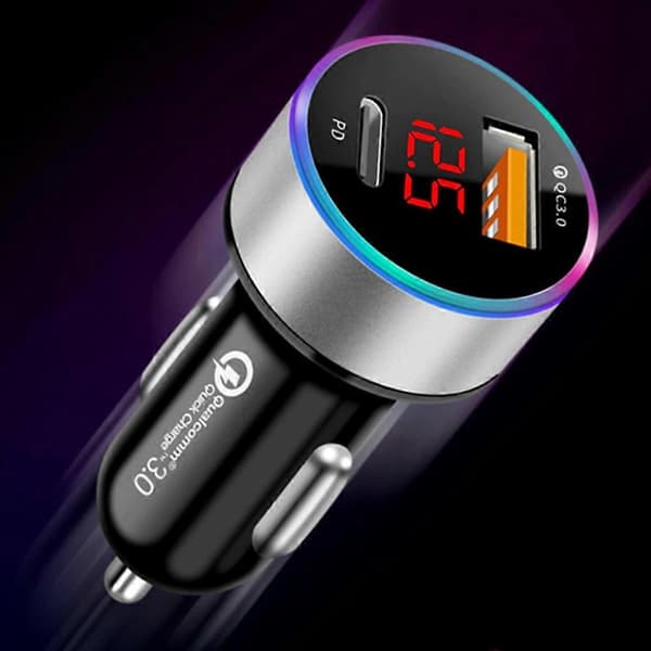 QC3.0+PD Hurtig Opladning Dobbelt USB LED Digital Display Lys Biloplader - Sølv (Et Sæt)