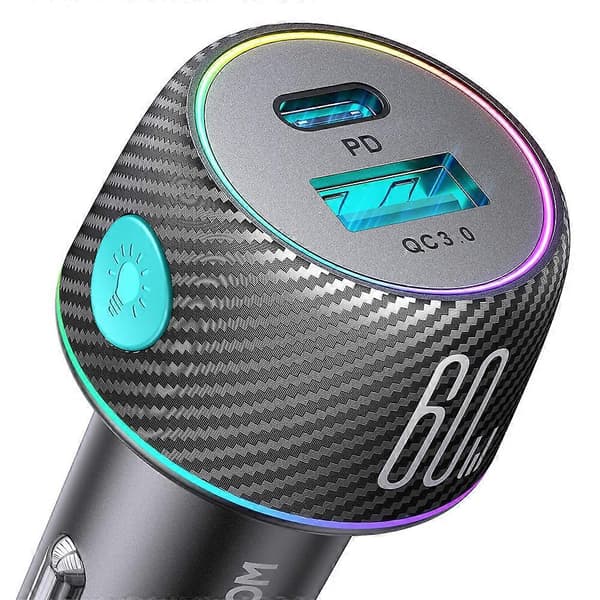 60W PD USB-C USB-A Billaddare, Svart